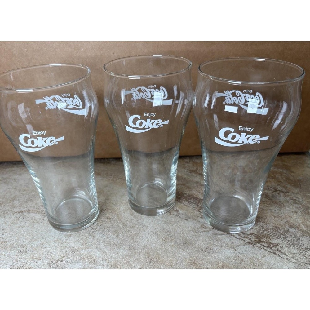 Vintage Coca-Cola Enjoy Coke Contour Drinking Glasses Clear Tumblers Set of 3 - Picture 3 of 4